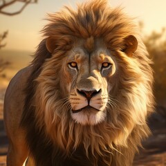 Fototapeta premium A majestic lion with a glorious mane gazes into the camera at sunset in a wild savannah landscape.