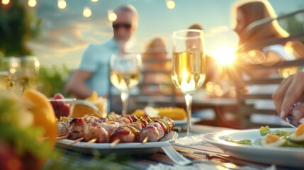 A group of people are enjoying a meal together, with a variety of food, holiday with family and friends concept