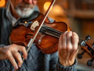 A close-up of a musician tuning a violin in a cozy room, focusing on the tuning pegs and the musician's hands, ample copy space for text, sharp focus, and clear light, high clarity, no grunge,