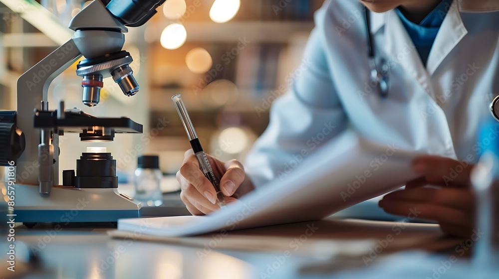 Poster a semi-close-up of a scientist recording observations in a laboratory notebook, capturing the notebo