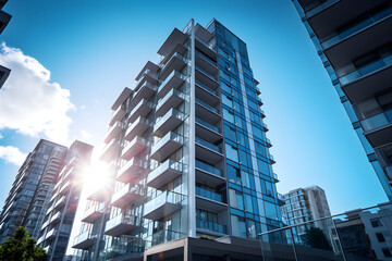 Modern High-Rise Luxury Apartment Building Illuminated by Sunlight with Green Surroundings