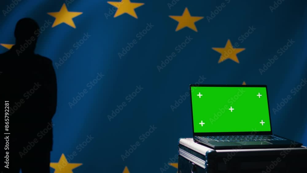 Poster european union using radar system on green screen laptop to detect missiles attacking member states.