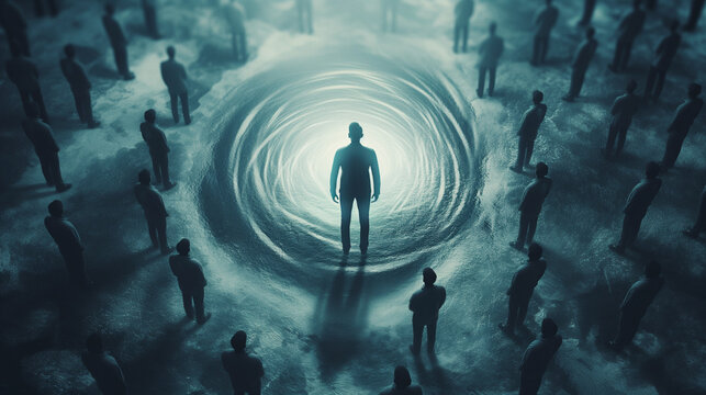 Human resource management and recruitment business concept. One person standing in epicenter