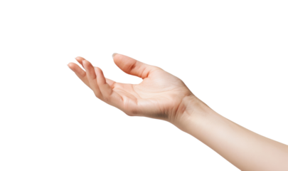 Transparent background highlights the close-up of a woman's hand extending or offering something, emphasizing minimalism.