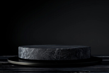 Elegant black marble podium on dark background, ideal for luxury product display, sophisticated presentations, or minimalist design projects, offering a sleek and modern aesthetic for high-end visual 