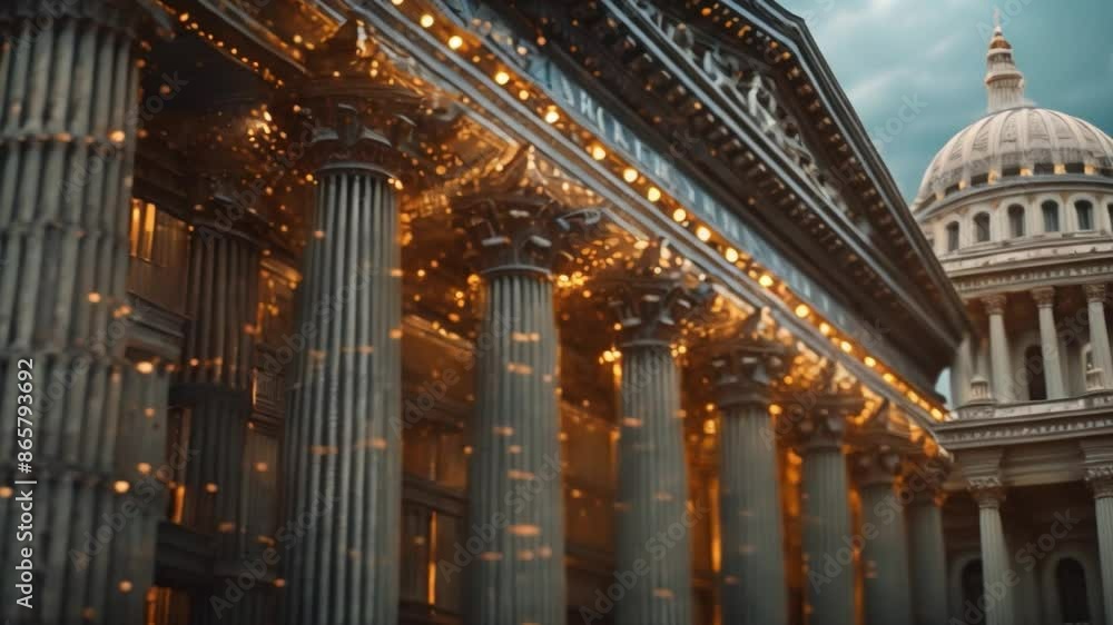 Poster This close-up view of a buildings columns decorated with string lights.