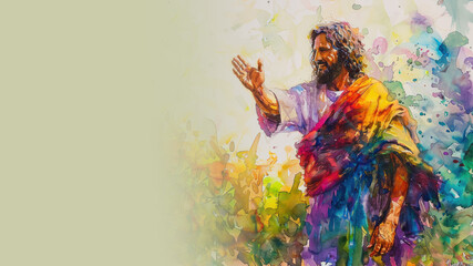 Fototapeta premium Colorful watercolor painting of Jesus Christ reach out hand welcoming his people