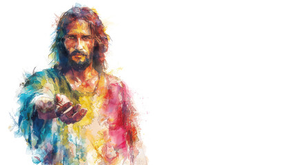 Colorful watercolor painting of Jesus Christ reach out hand welcoming his people