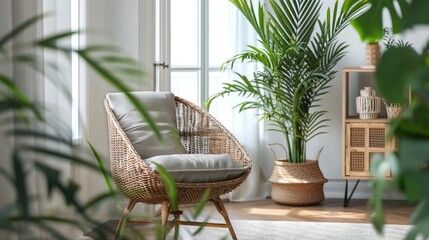 Obraz premium Stylish Interior with Wicker Chair and Eco Friendly Decorations