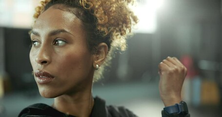 Woman, stretching in gym and fitness with breathing, endurance and health for wellness during training. African athlete, sport and warm up, prepare muscle for exercise with workout and flexibility