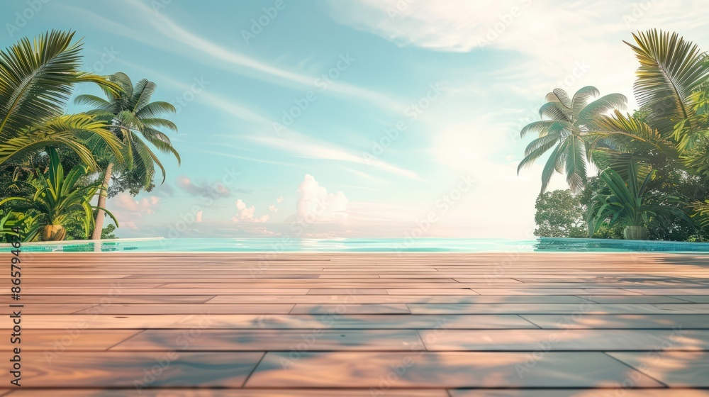Aufkleber a pool with a wooden deck and palm trees in the background. generate ai image