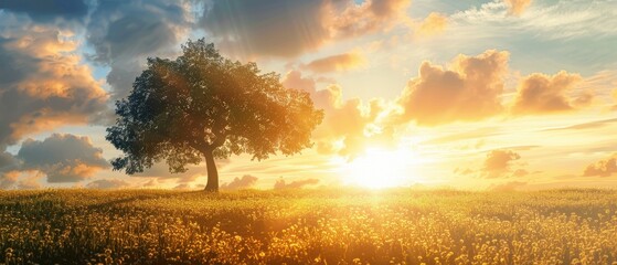 Sunset Landscape with Lone Tree and Golden Field