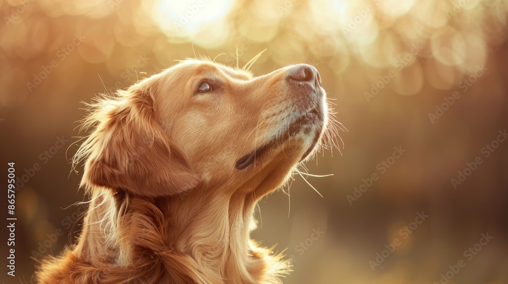 Poster high quality image of a dog gazing upward on a bright background with empty space for text