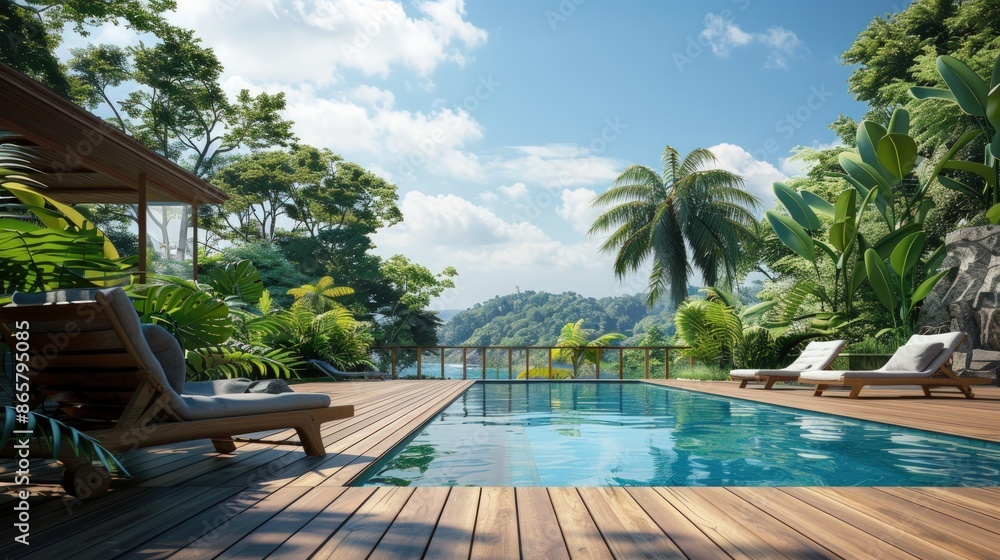 Poster a pool with a wooden deck and palm trees in the background. generate ai image