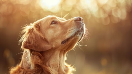 High quality image of a dog gazing upward on a bright background with empty space for text