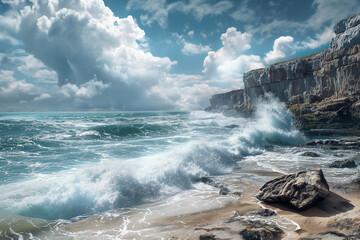 Fototapeta premium A scenic rocky coastal view with powerful waves crashing onto the shoreline against a rugged, rocky cliff under a dramatic sky filled with dynamic clouds.