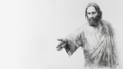 Pencil sketch of Jesus Christ reach out hand welcoming his people