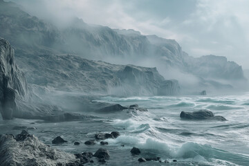 This image shows a misty seascape with rugged cliffs, breaking waves on a rocky shore, and a moody atmosphere