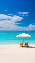 Mesmerizing Aquamarine Seascape: Pristine Beach with Colorful Parasols and Lonely Sailboat