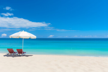 Mesmerizing Aquamarine Seascape: Pristine Beach with Colorful Parasols and Lonely Sailboat