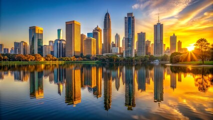 Obraz premium Vibrant morning cityscape with towering skyscrapers bathed in warm golden hour light, reflected in calm glassy urban lake waters.