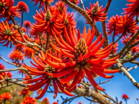 Vibrant clusters of bright red flowers bloom on thorny branches of Erythrina crista-galli, Argentina and Uruguay's national flower, against a soft blue sky background.