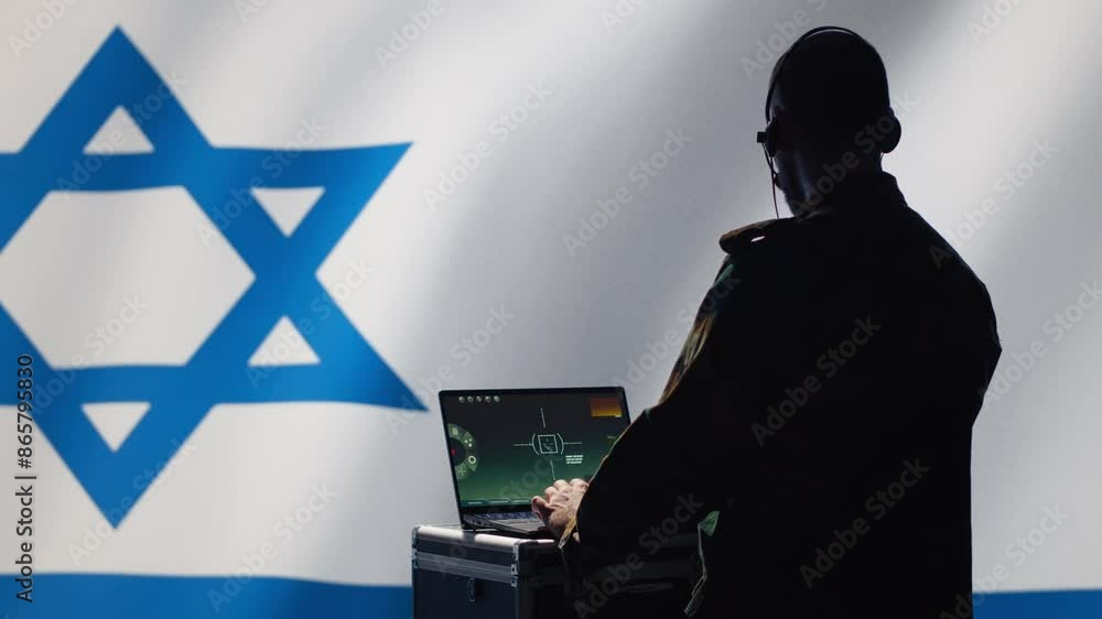 Poster israeli air defense command operator conscript using radar system on laptop to detect incoming balli