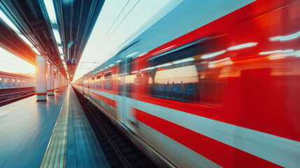 High-speed train traveling through lush landscape