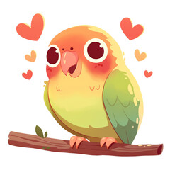 Obraz premium Cute and colorful cartoon parrot with hearts, perched on a branch. Perfect for romantic and whimsical themes.