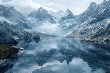 Naklejka premium A tranquil alpine lake nestled among towering snow-covered mountains with a lake, reflecting the pristine landscape and capturing the serene beauty of nature in wintertime.