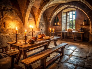 Fototapeta premium Empty table set with candles, bread, and wine in a dimly lit ancient European-style stone room with a large arched window and rustic wooden benches.