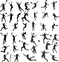 Set of Silhouette Vector Logos of Volleyball Players Jumping and Spiking the Ball, on a White Background