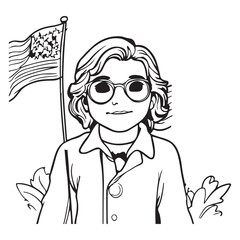 Coloring Page for Independence Day - A Patriotic Child Holding American Flags and Wearing Glasses