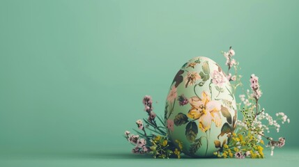 A single Easter egg decorated with flowers, against a green background.