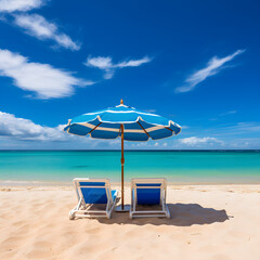 Mesmerizing Aquamarine Seascape: Pristine Beach with Colorful Parasols and Lonely Sailboat