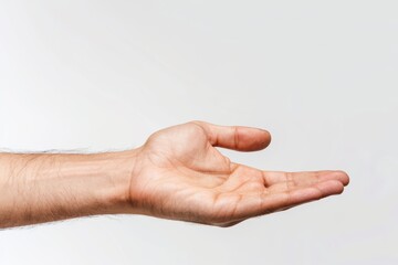 Detailed close-up of a man's hand reaching out or offering help, set against white backround. The gesture of giving or receiving, highlighting the textures and natural look of the hand.