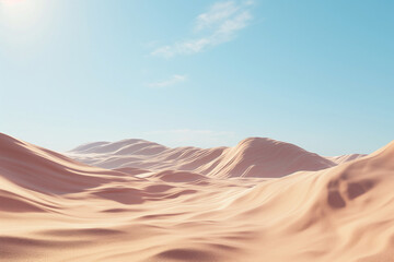 Fototapeta premium The image portrays an expansive desert landscape under a bright blue sky, showcasing rolling sand dunes that fill the view, depicting the vastness and serenity of a desert landscape.