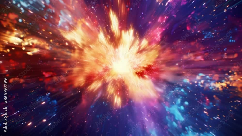 Poster a kaleidoscopic explosion of colors on a dark background in a holographic display.