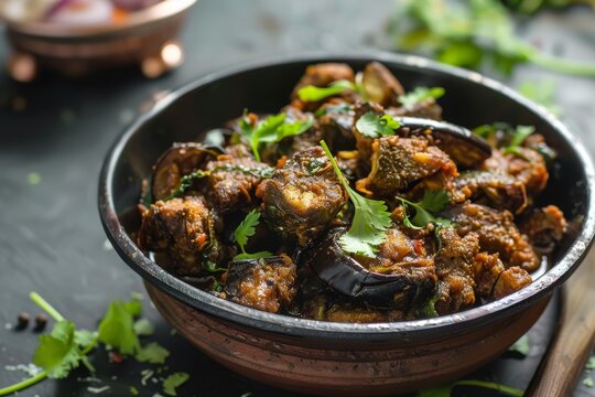 Indian recipe for crispy fried eggplant with selective focus