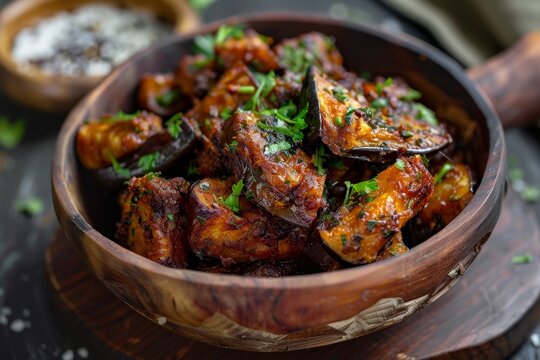 Indian recipe for crispy pan fried eggplant with selective focus