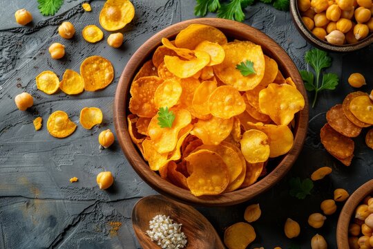 Indian spicy snacks made with fried Bengal chickpeas top view