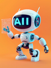 Fototapeta premium 3d render of cute robot holding digital glowing hologram with text 