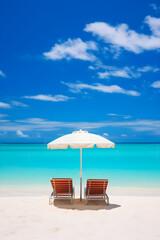 Obraz premium Mesmerizing Aquamarine Seascape: Pristine Beach with Colorful Parasols and Lonely Sailboat