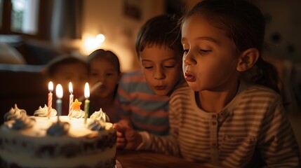 A girl blowing out candles on a cake with her siblings watching. Generate AI image