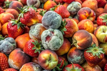 Fresh peaches and strawberries turned rotten, covered in greenish-black mold and fungus, showcasing the consequences of spoilage and neglect of perishable goods.
