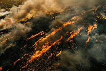 Intense fire in a vacant field with thick smoke rising Aerial perspective