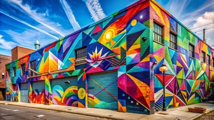 Naklejka premium Vibrant street art-inspired mural painting bursting with bold colors, abstract geometric shapes, and dynamic graffiti elements on a gritty urban warehouse wall background.
