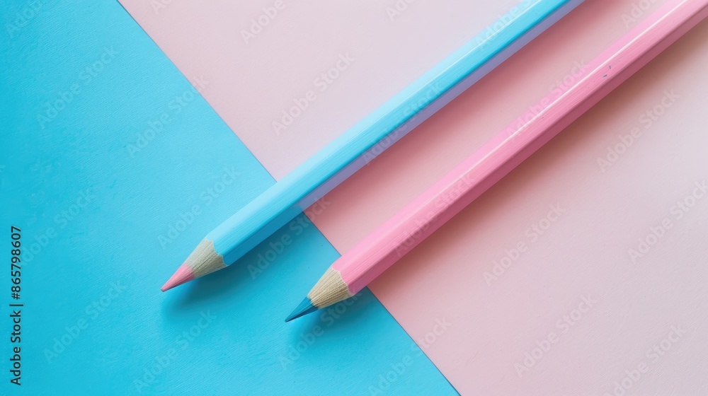 Poster pink and blue pencils on soft colored surface simplistic design overhead view with empty space