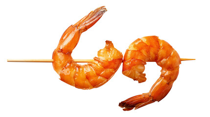 Roasted peeled prawn with skewer, Grilled shrimp isolated on transparent white background, clipping path