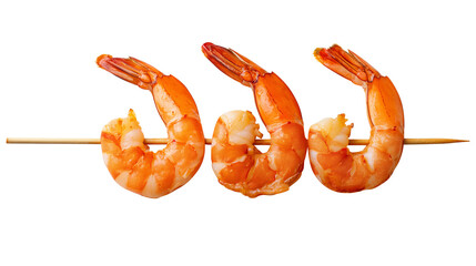 Roasted peeled prawn with skewer, Grilled shrimp isolated on transparent white background, clipping path